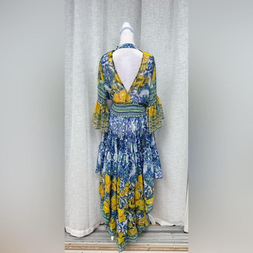 ANTICA SARTORIA by Giacomo Cinque LEMONS blue Mediterranean sequin sheer Dress - Picture 4 of 14
